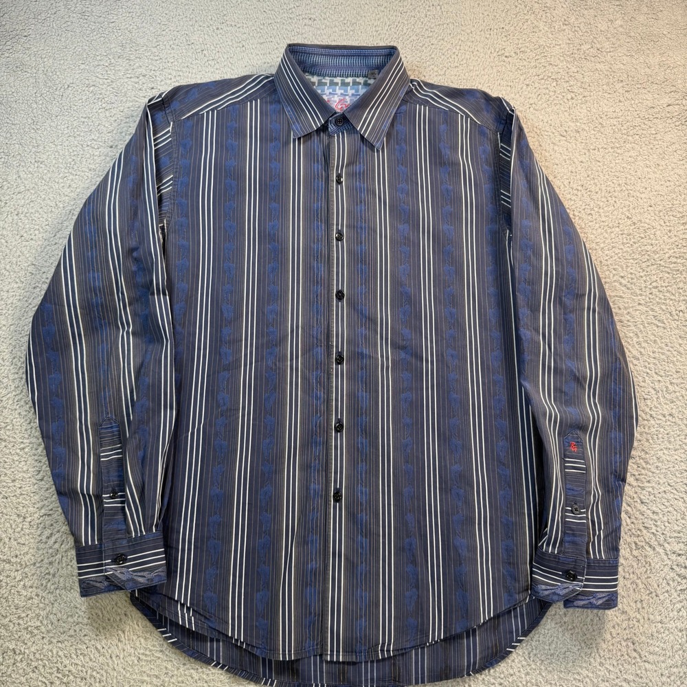 Robert Graham Mens Large Navy Blue Striped Embroidered Button Front Shirt 11067